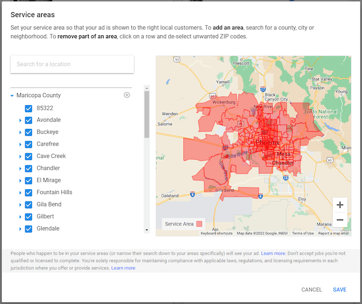 google local services ads - service area selection