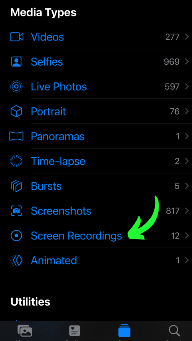 Navigating to screen recordings on iPhone