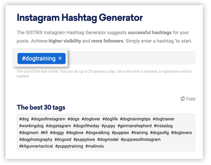 instagram hashtags generator - sistrix