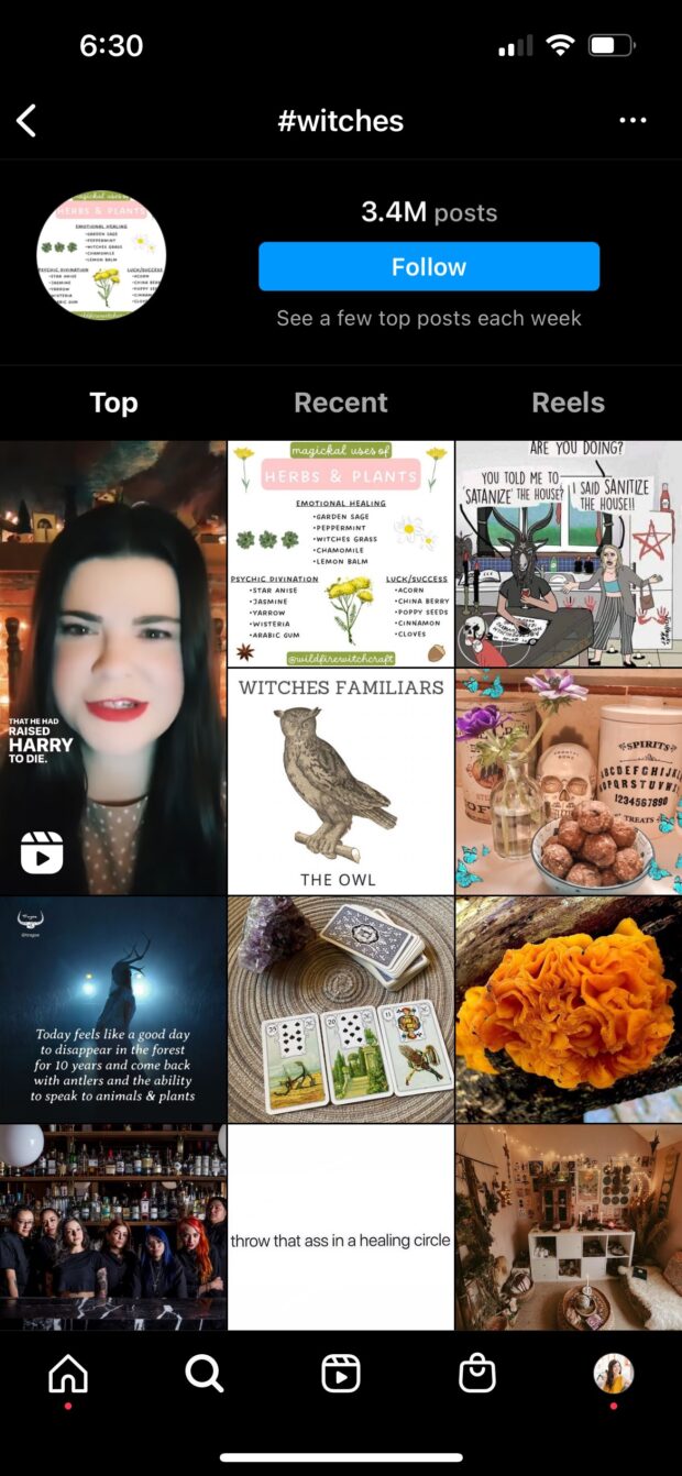 Top results (including Reels) in hashtag search for "witches"