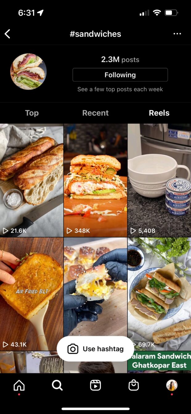 Reels in hashtag search for "sandwiches"