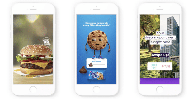 three phone screens showing Instagram video Stories of a hamburger, a cookie, and an apartment building