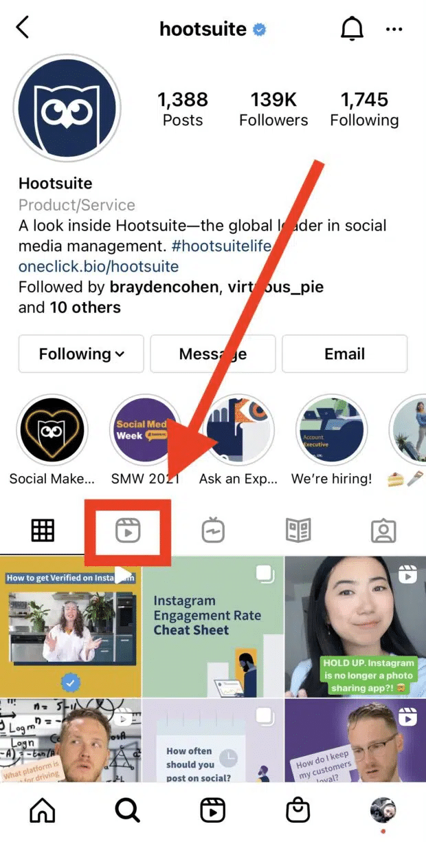 Hootsuite's Instagram page highlighting the Reels tab