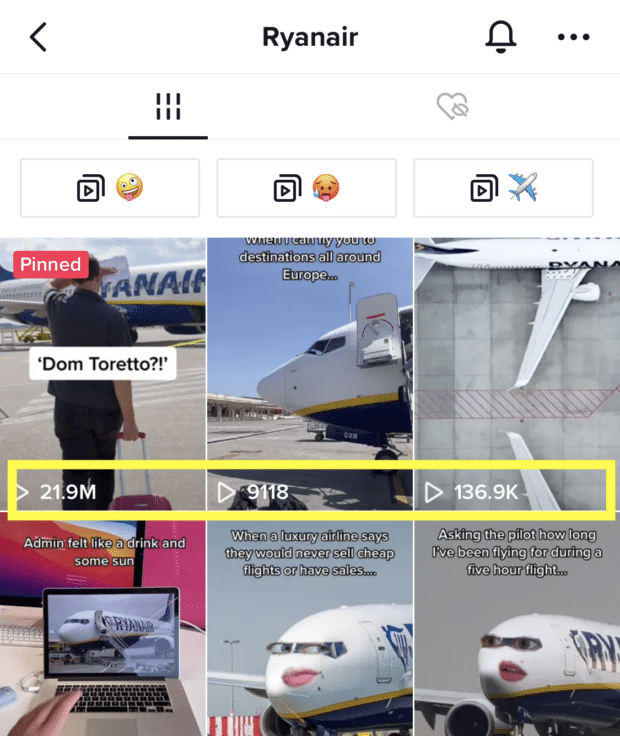 Ryanair's TikTok feed with view counts displayed in video thumbnails