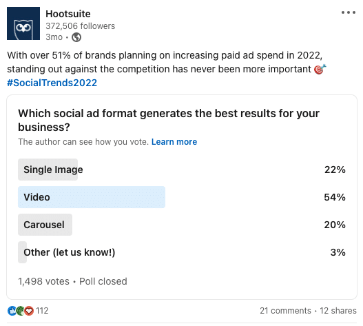 Hootsuite's poll on which social format generates the best results for businesses (screenshot from LinkedIn)