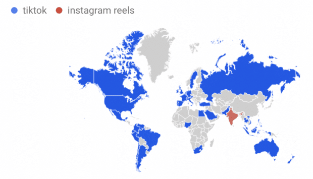 Google Search Trends TikTok versus Instagram Reels worldwide