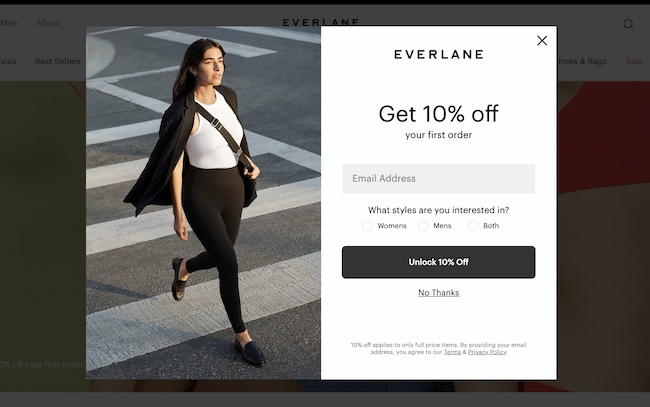 Exit intent popup example: Everlane