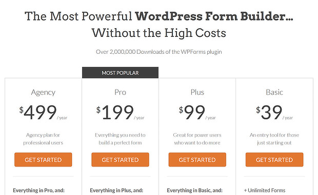 marketing funnel stages - guide wpforms pricing page showing pricing from high to low