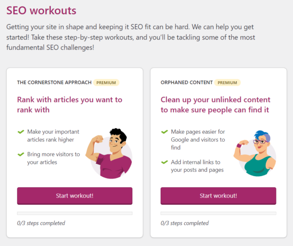 Yoast SEO workouts help you rank with articles you want and clean up unlinked content to keep your site's SEO fit.