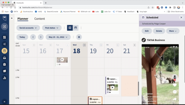 Scheduled TikTok posts in Hootsuite Planner