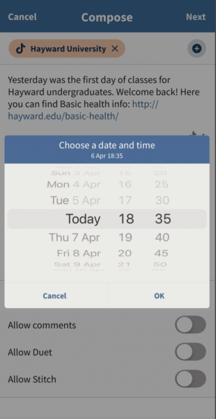 scheduling a TikTok post on mobile in the Hootsuite app: choosing a date and time