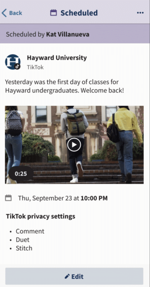 a scheduled TikTok post in the Hootsuite mobile app