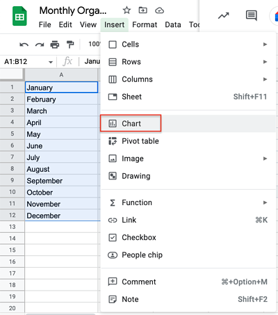 how to make a histogram on google sheets step 2: click on "insert" then select "chart"