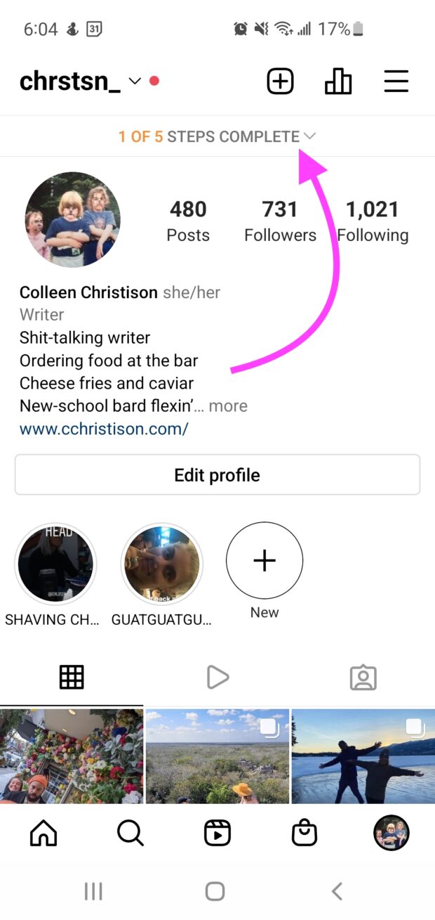 Instagram profile view with number of set-up steps remaining