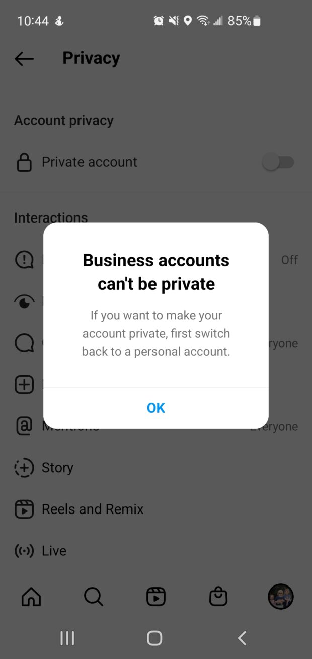 Instagram business accounts can't be private, according to this pop-up