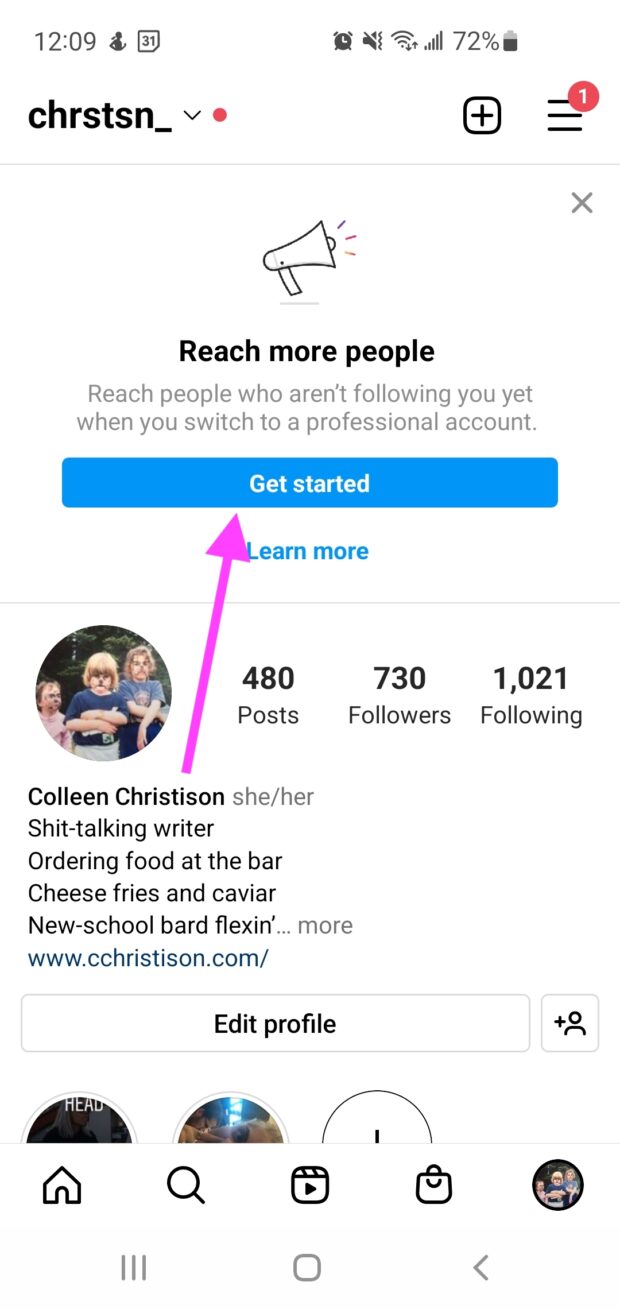 Option to switch to professional Instagram account
