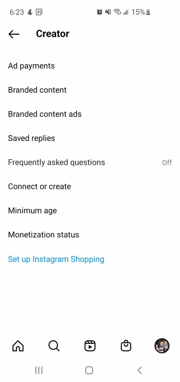 Instagram creator account features menu