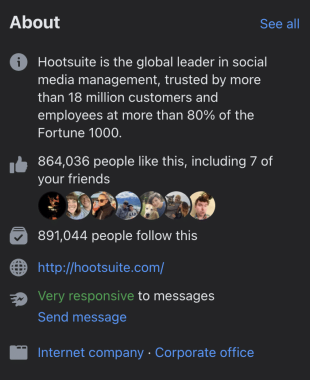 Hootsuite About section on Facebook page