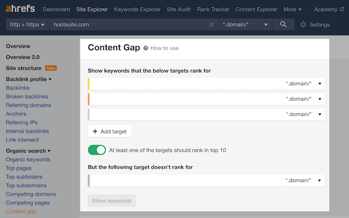 competitor keyword analysis - example of ahrefs content gap