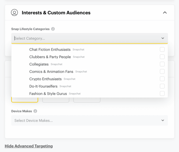 interests and custom audiences including Snap lifestyle categories