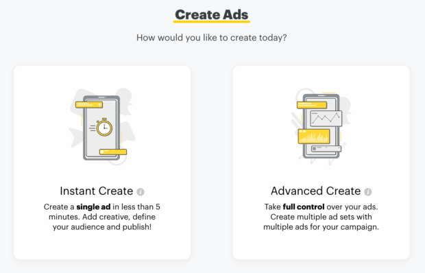 create ads instant create or advanced create option