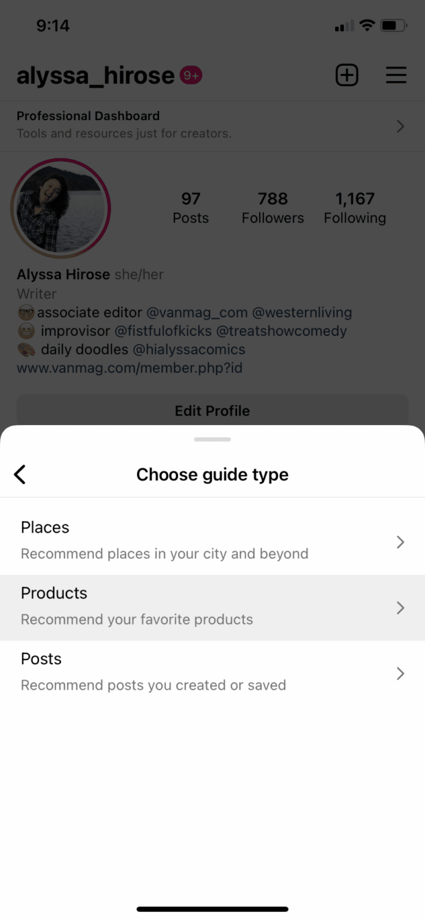 choose Instagram guide type places products posts
