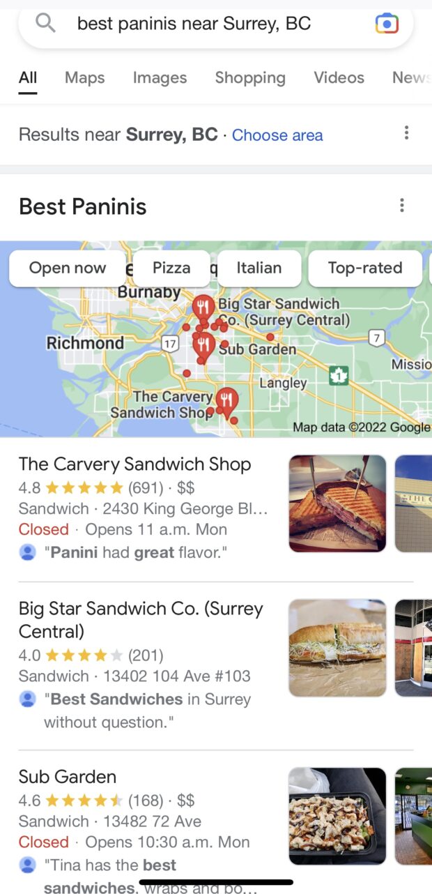 Google My Business results on Google Maps