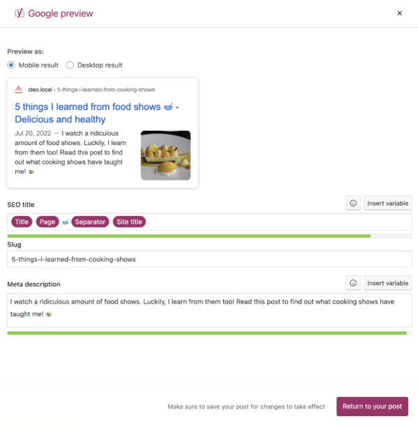 a screenshot of the Google snippet preview modal