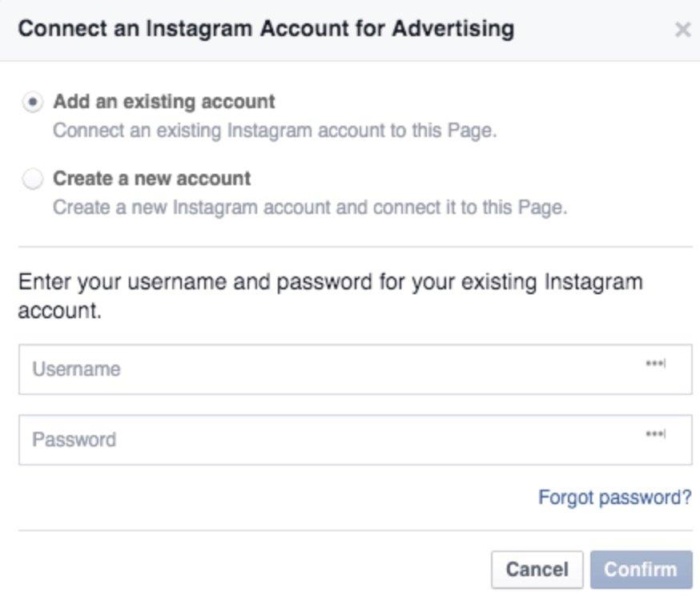 An image of the "connect an Instagram account for advertising" screen in Facebook. 