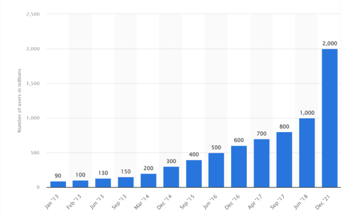 A bar graph showing the growth of Instagram users from 2013 to 2021.