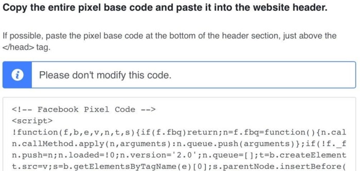 A line of code to use in the website header for Facebook Pixels.