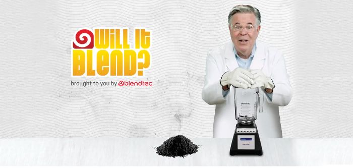 An ad from Blendtec showing a man behind a blender on a table. 