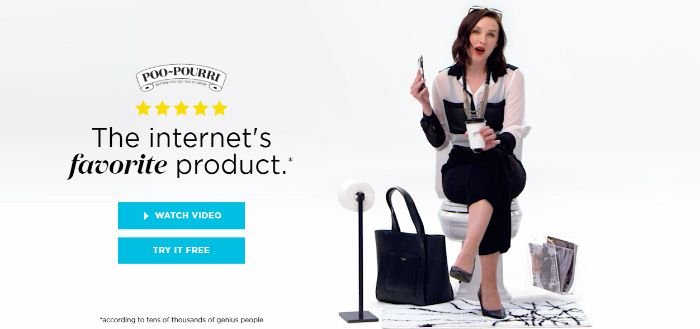An example of product marketing from Poo-Pourri, showing a woman sitting down with the product in hand. 
