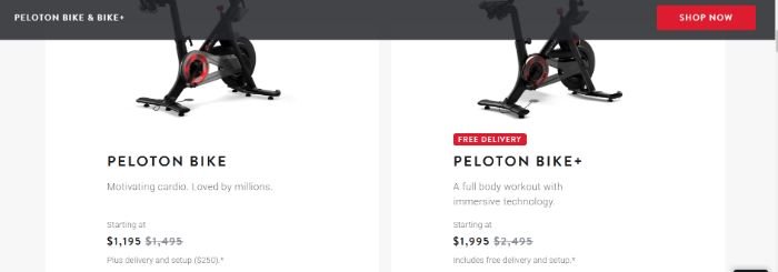 An ad from Peloton showcasing two different exercise bikes. 