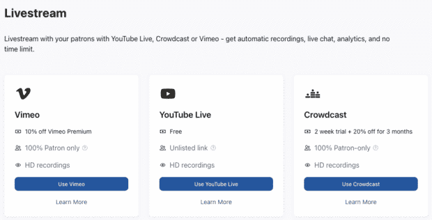 Patreon's livestreaming options