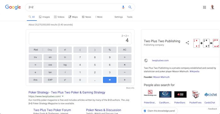 An example of a search engine results page with a calculator in the results. 