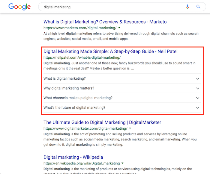 A search engine results page with Neil Patel's article on digital marketing. 