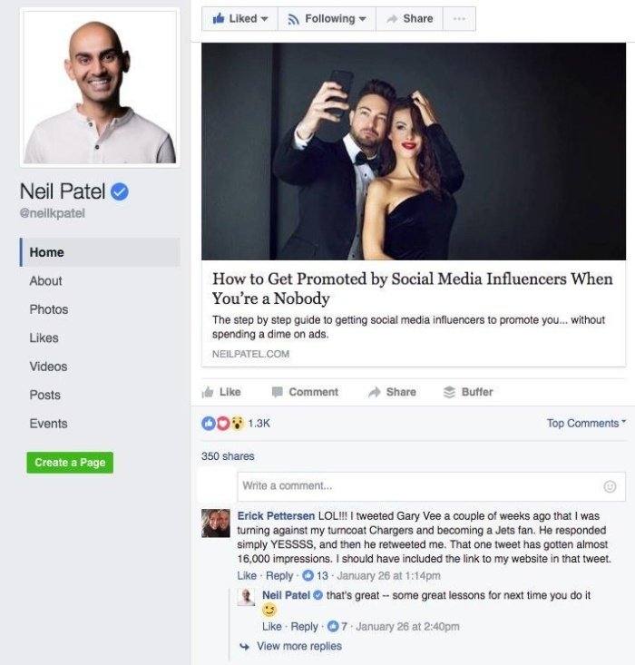 An example of Neil Patel replying to a facebook comment. 