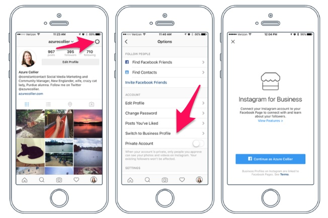 Instructions on how to switch to a business profile on Instagram. 