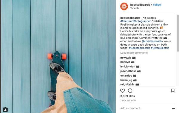An Instagram post from Boosted Board of someone skateboarding. 