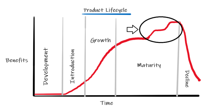 A chart showing the four stages of product life cycle, highlighting the maturity stage. 