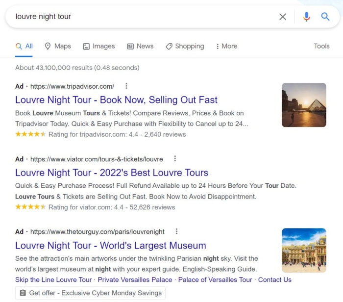 Google search results for "louvre night tour"