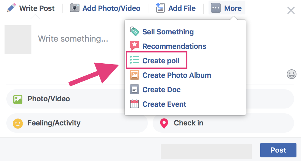 A screenshot showing the create poll button on Facebook.