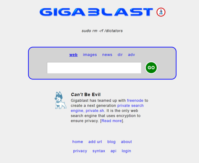 The homepage of the Gigablast search engine.