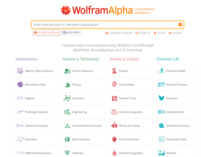 The homepage of the WolframAlpha search engine.