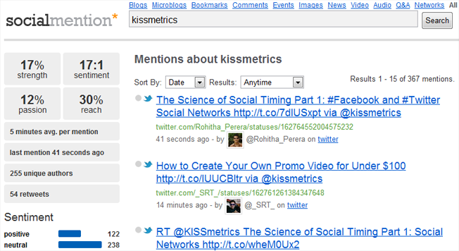 The homepage of the Social Mention search engine.