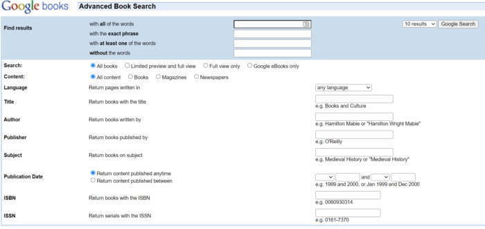 The homepage of the Google Books search engine.