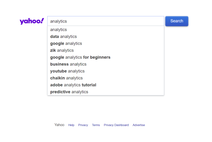The homepage of the Yahoo search engine.