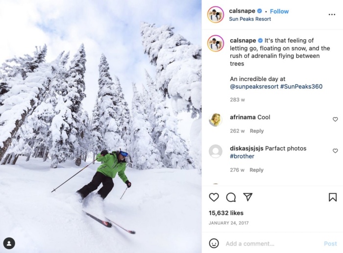 An example influencer marketing Instagram post from Callum Snape and Sun Peaks Resort. 