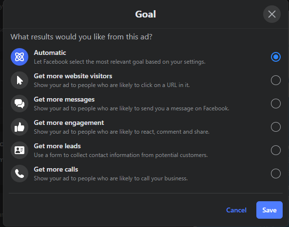 A screenshot showing how to set ad goals on Facebook.